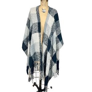 Woolrich Buffalo Plaid Black and White Scarf Kimono with Fringe